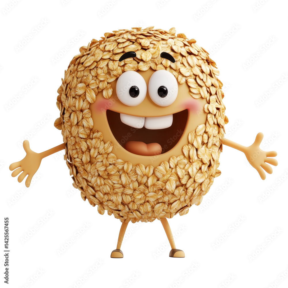 Poster smiling cartoon character made of oats engages joyfully in a playful environment with arms wide open