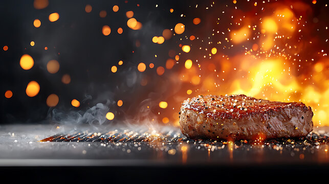 Grilling perfectly charred steak on a hot stainless grill backyard bbq food photography intense heat close-up culinary delight