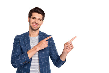 Portrait of his he nice attractive content cheerful cheery glad positive businessman showing copy...