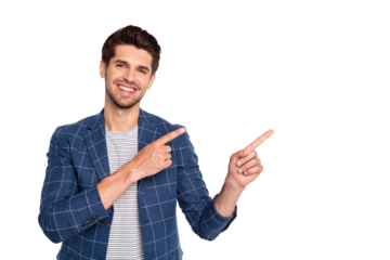 Portrait of his he nice attractive content cheerful cheery glad positive businessman showing copy space ad decision isolated over light white pastel background