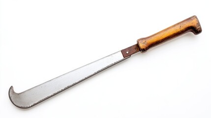 A long,  garden tool with a curved blade and wooden handle