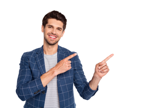 Portrait of his he nice attractive content cheerful cheery glad positive businessman showing copy space ad decision isolated over light white pastel background