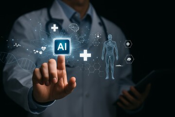 Doctor using futuristic AI interface in healthcare technology and human medical innovation.
