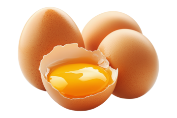 Whole brown eggs and cracked egg with yolk spilling out eggshell, isolated on white transparent background. Concept of Easter, food, fertility, and organic nutrition