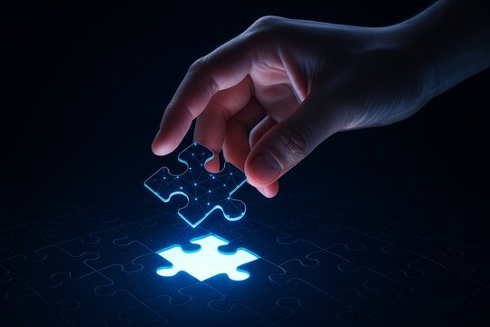 Hand placing glowing digital puzzle piece, symbolizing solution, innovation, and connection. - Powered by Adobe