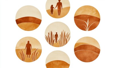 Graphic Circular Illustrations of Rural Landscapes and Silhouetted Figures in Earth Tones