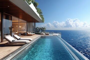 Modern minimalist rooftop pool with wooden deck and infinity pool, offering clear ocean view and serene daylight atmosphere.