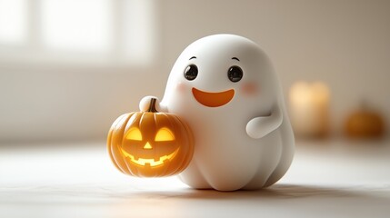 Smiling ghost holding pumpkin with candle