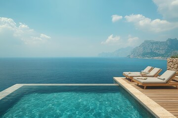 Fototapeta premium Modern minimalist rooftop pool with wooden deck and infinity pool, offering clear ocean view and serene daylight atmosphere.