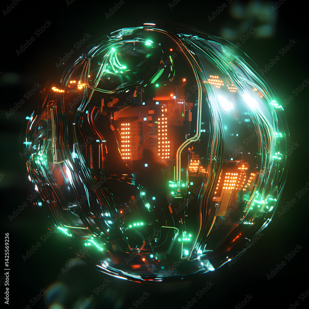 Poster data sphere of digital essence: a captivating visual of a futuristic data sphere, rendered with a co