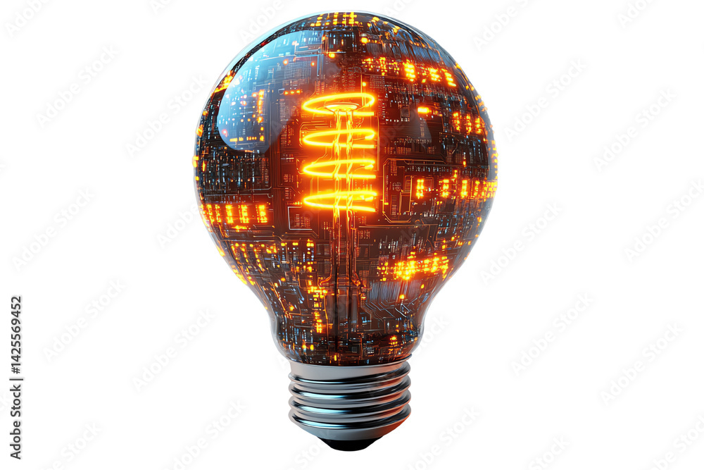 Poster Illuminated light bulb with intricate circuitry design on a white isolated background.
