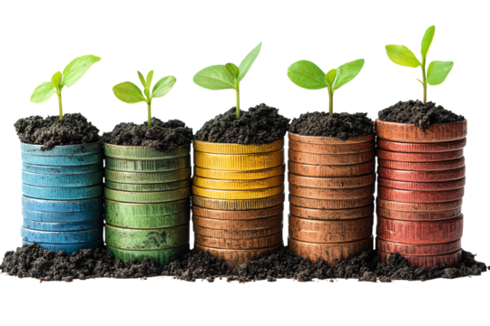 Growth concept with seedlings emerging from colored coins, symbolizing investment and sustainable development.