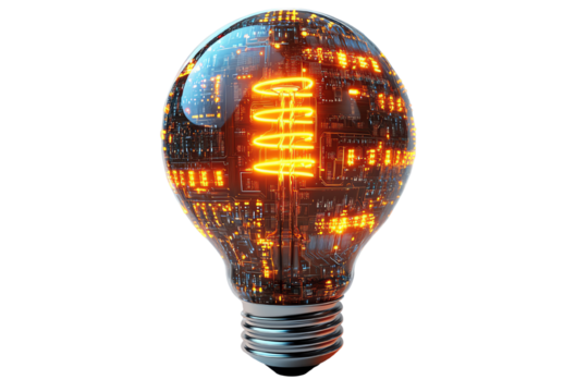 Illuminated light bulb with intricate circuitry design on a white isolated background.