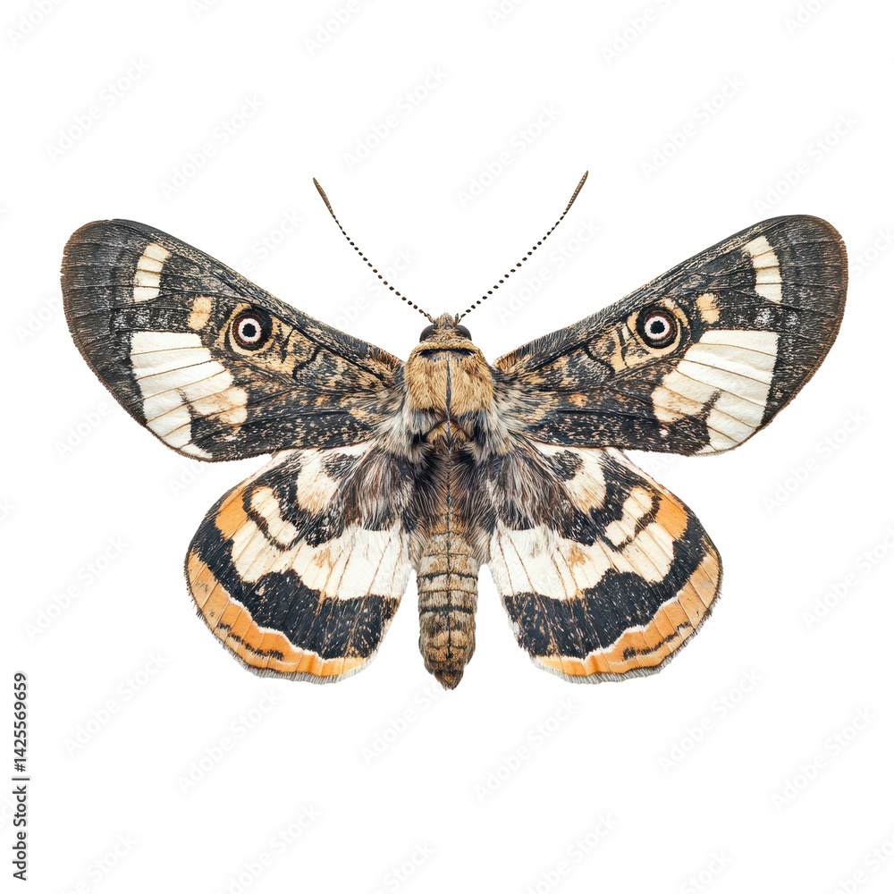 Poster colorful moth displayed against a white background with intricate patterns capturing its natural bea
