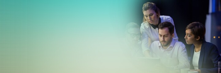 Team is collaborating around laptop and coffee mug in flat design business tech scene, copy space