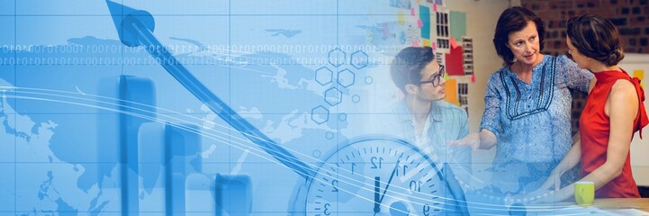 coworkers are brainstorming around table in office with flat analytics overlay, business theme