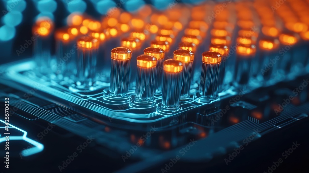 Poster lights of glowing fiber optic cables with advanced technology concept. close-up view of illuminated 