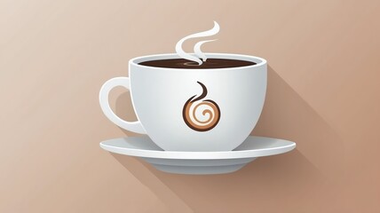 Obraz premium Steaming coffee cup on a saucer stylized with a swirl emblem