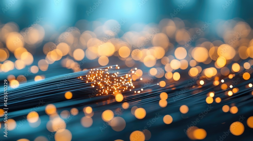 Poster lights of glowing fiber optic cables in smooth focusing technology concept. abstract glow of bright 