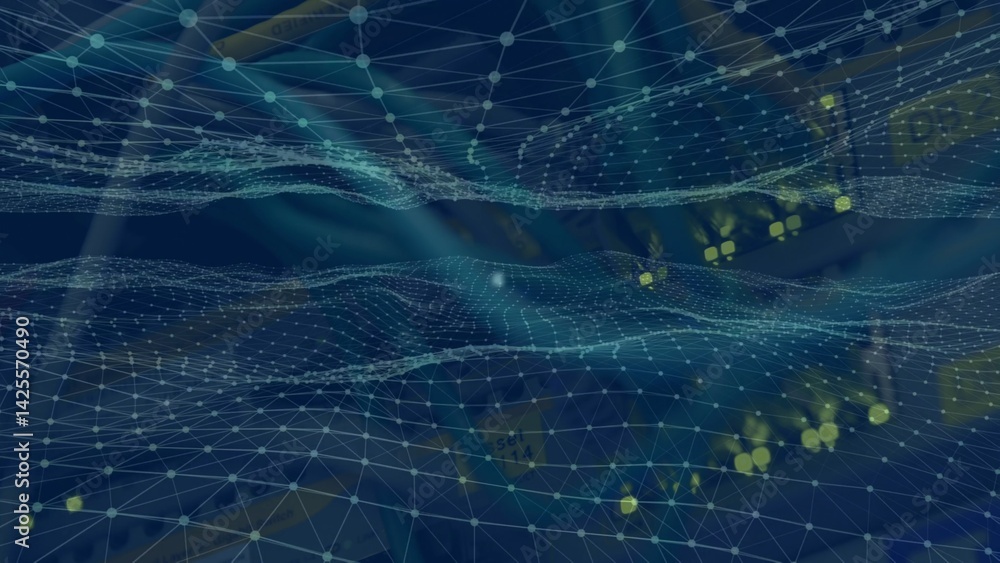 Poster tech 3d visualization is showing wavy mesh layers with connected nodes and glowing data points