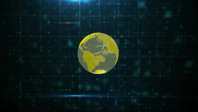 Fototapeta Glowing neon green tech Earth globe is floating in 3D render with grid and data particles