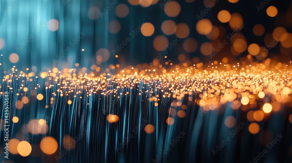 Poster lights of glowing fiber optic cables in smooth focusing technology concept. abstract background with