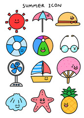 여름 표정 라인드로잉 아이콘 스티커 세트(summer character line drawing icon set)