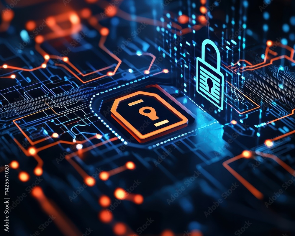 Poster futuristic digital security concept with lock icon and circuit patterns in blue and orange.