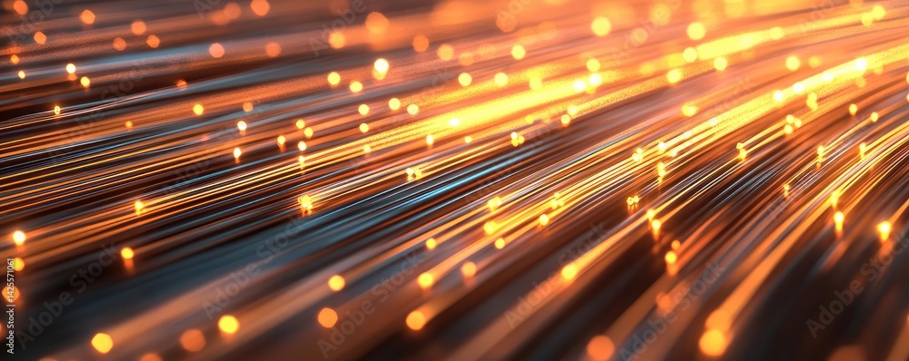Poster lights of glowing fiber optic cables in smooth focusing technology concept. dynamic light trails cre
