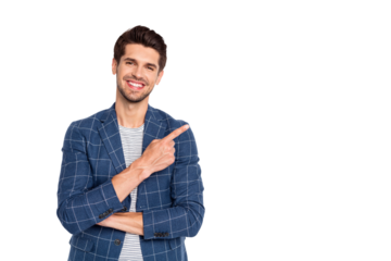 Portrait of his he nice attractive cheerful cheery successful businessman agent broker assistant wearing checked blazer showing copy space isolated over light white pastel background