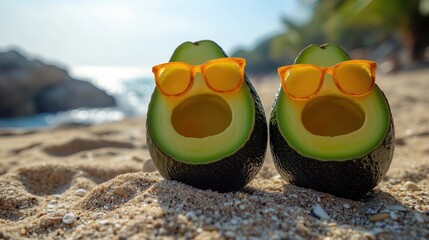 Avocado halves with orange sunglasses on the beach
