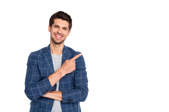 Portrait of his he nice attractive cheerful cheery successful businessman agent broker assistant wearing checked blazer showing copy space isolated over light white pastel background