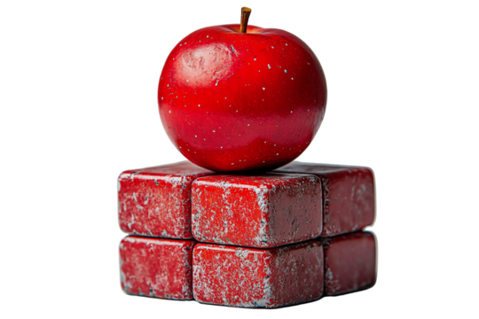 Red apple perched on four glossy red blocks against a white isolate background.