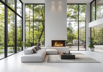 White living room with sofa and fireplace, large window overlooking garden, minimalist Scandinavian interior with dining table and white wooden floor.