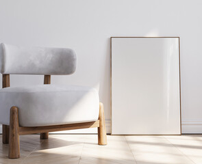 Mock up poster in interior, close up, pure light and shadow, 3d illustration.
