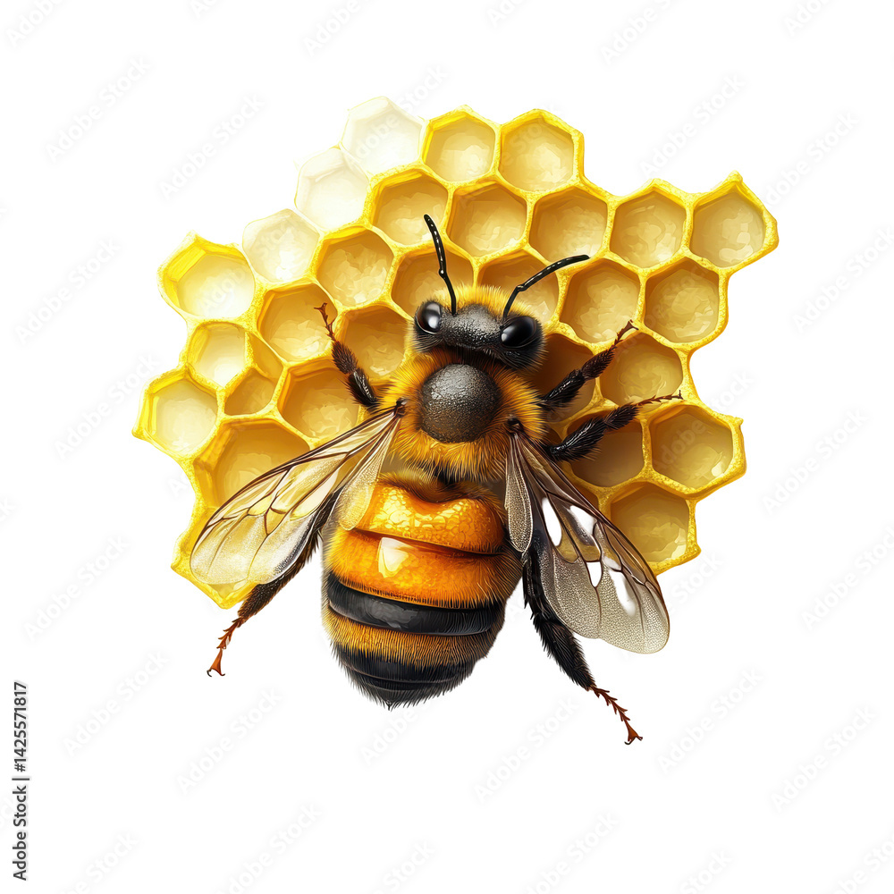 Poster bee gathers nectar while resting on honeycomb cells in a bright setting during the day