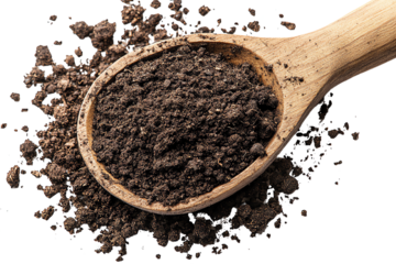 Spoonful of rich, dark soil, showcasing texture and earthy tones on a white isolate background.