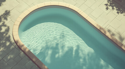 Tranquil pool water reflects sunlight in a serene outdoor setting surrounded by lush greenery