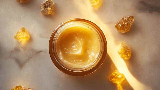 A jar of yellow cream is on a table with some rocks. The jar is the main focus of the image, and the rocks around it create a natural and earthy atmosphere. The combination of the cream