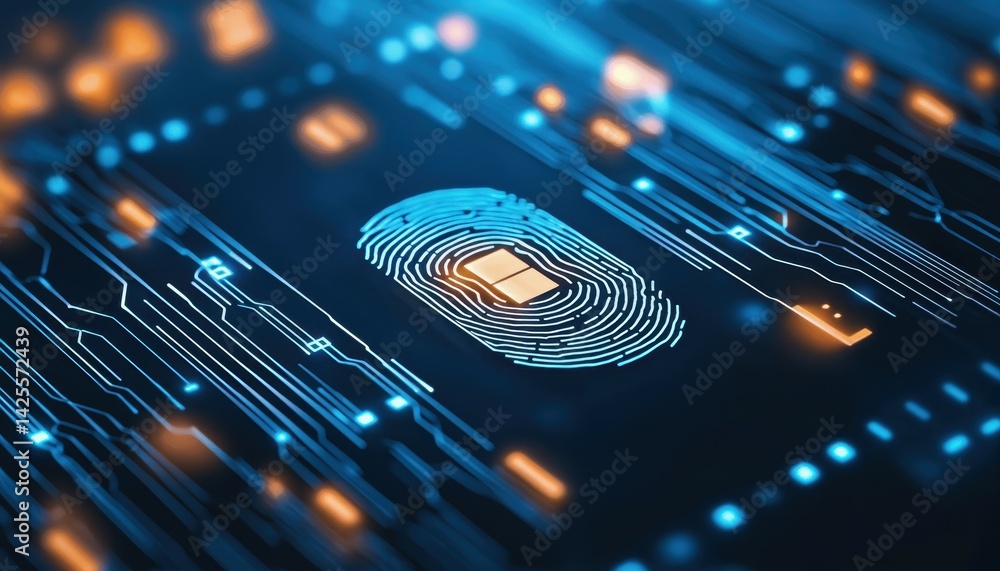 Poster abstract digital fingerprint on a circuit board background representing security technology.