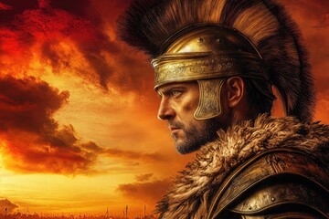 Roman general in profile, wearing a golden helmet and fur, contemplates the battlefield under a fiery sunset
