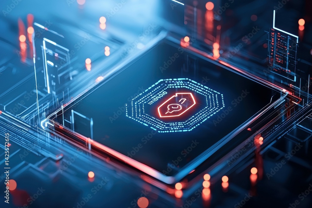 Poster futuristic microchip design with glowing circuits and digital interface elements.