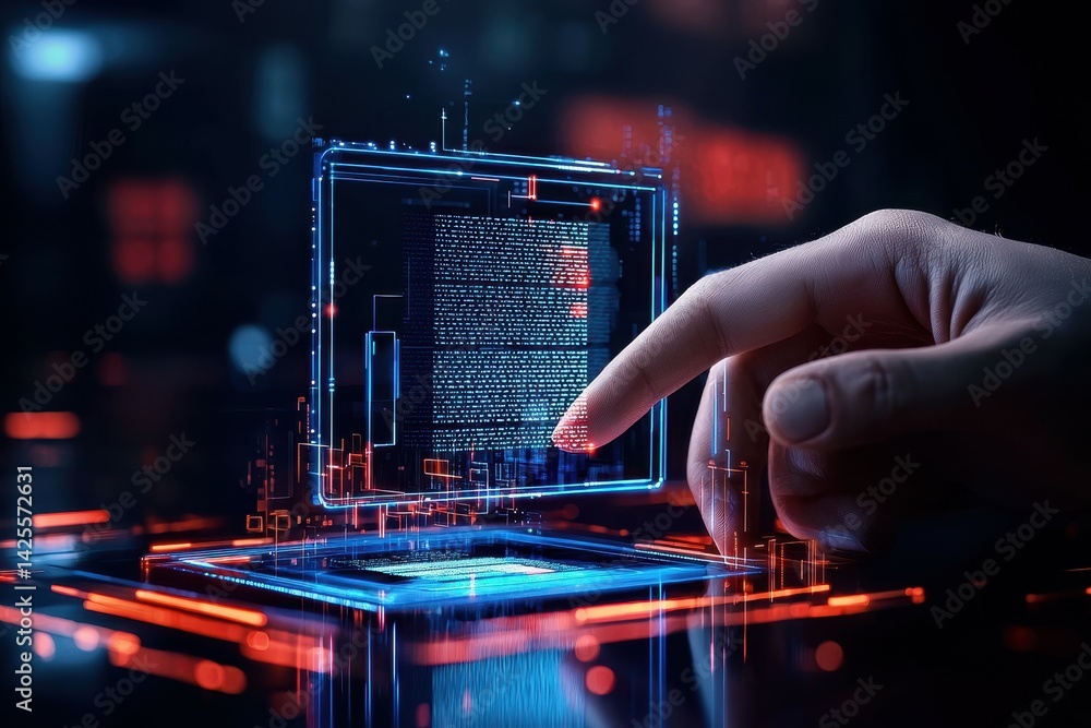 Poster close-up of a hand interacting with a digital interface displaying futuristic data.