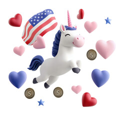 Fototapeta premium A cheerful unicorn with hearts and the American flag design. isolated against a transparent background.
