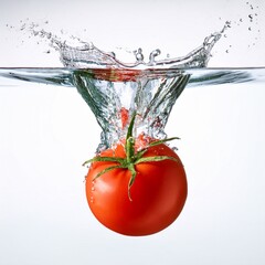 Realistic photograph of a complete fresh tomato falling into water, close up shot in high definition isolated on white background.