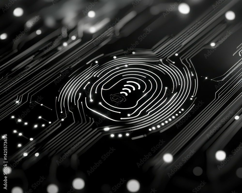 Poster abstract representation of a fingerprint on a circuit board background.