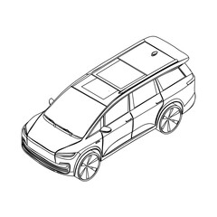 Isometric outline of a large family minivan in clean line art. Perfect for travel apps, brochures, or educational visuals.