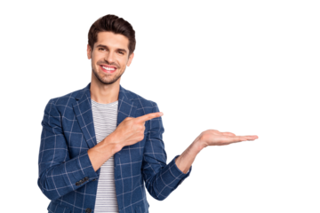 Close-up portrait of his he nice attractive cheerful cheery businessman agent broker wearing checked blazer holding invisible object on palm advert decision isolated over light white pastel background