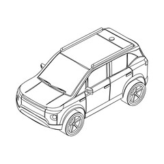 Isometric sketch of a compact SUV in line art style. Ideal for UI design, infographics, mobile apps, or children's books.