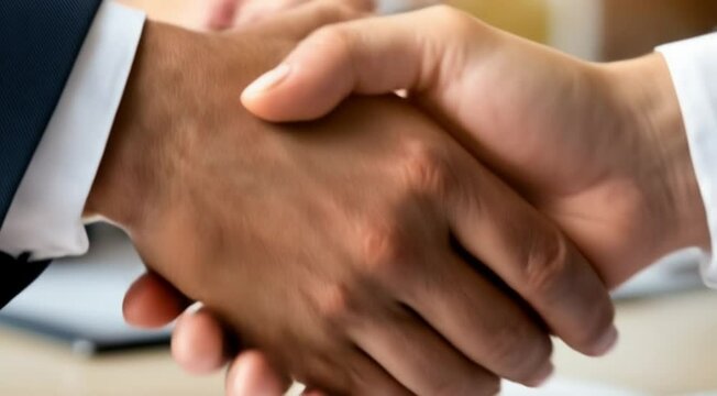 Business people, handshake and agreement with applause for negotiation, deal or legal settlement in law firm. Zoom, office and support as partner in crisis resolution, court case or mediation process